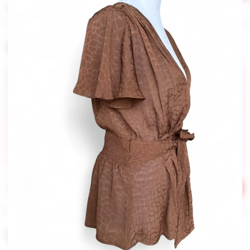 Brown Textured Wrap Blouse Tie Waist Flutter Sleeve Boho Top